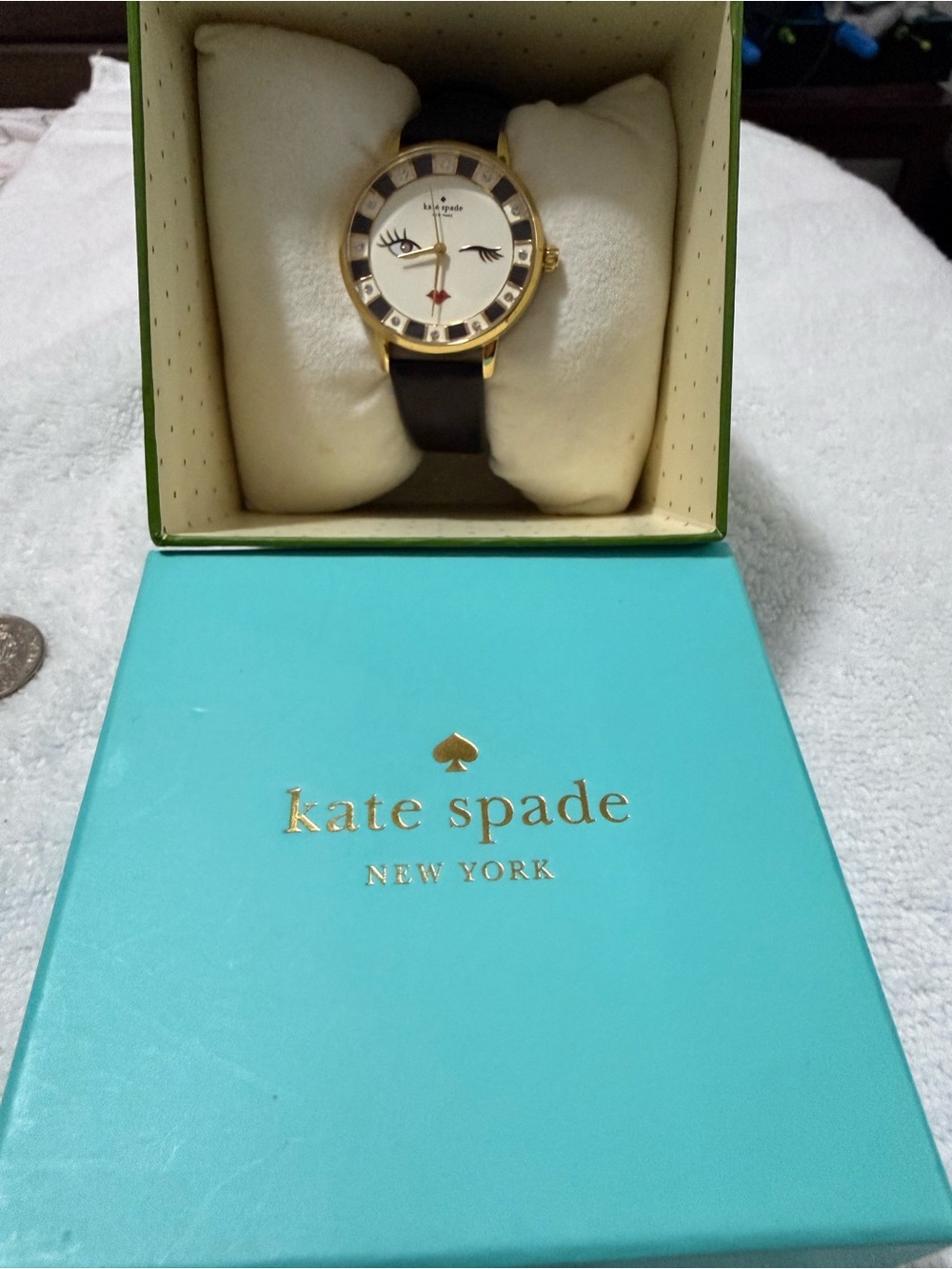 kate spade Gold-Tone Winking Face Watch with Black Strap